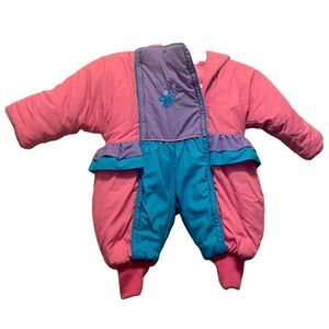 Vintage One Piece Toaster Snow Suit Infant 12 Months Pink Blue Ruffled Zip Up